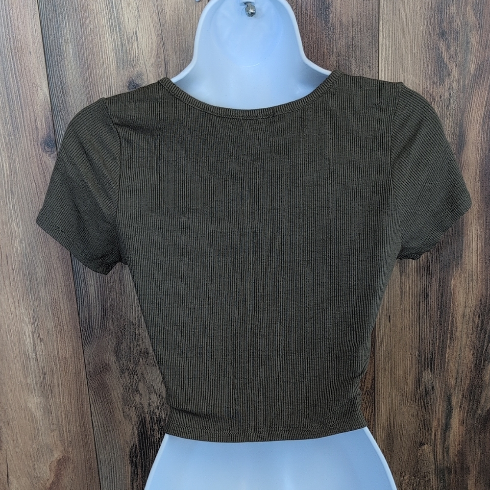 Bozzolo Dark Olive Ruched Ribbed Fitted Crop Top L R188 - Picture 4 of 5